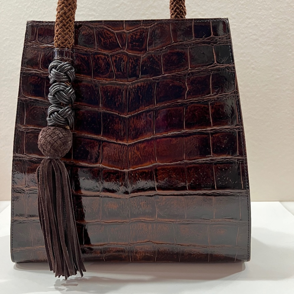Unique VINTAGE Sondra Roberts Brown Crocodile Tassel Bag